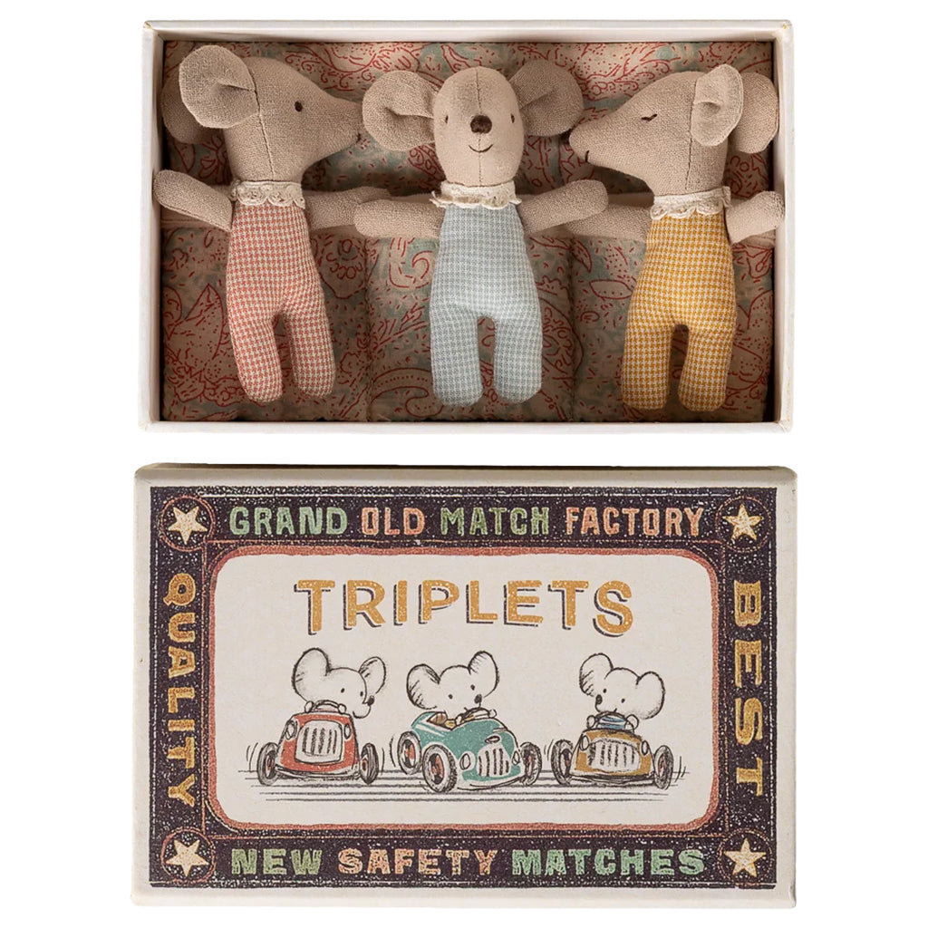 Maileg Toys Mouse Family Triplets Baby Mice In Matchbox Checker