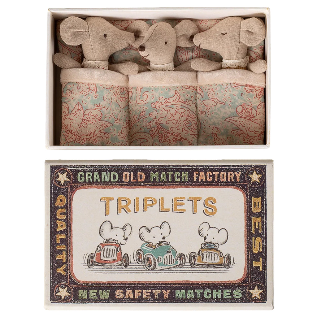 Maileg Toys Mouse Family Triplets Baby Mice In Matchbox Checker