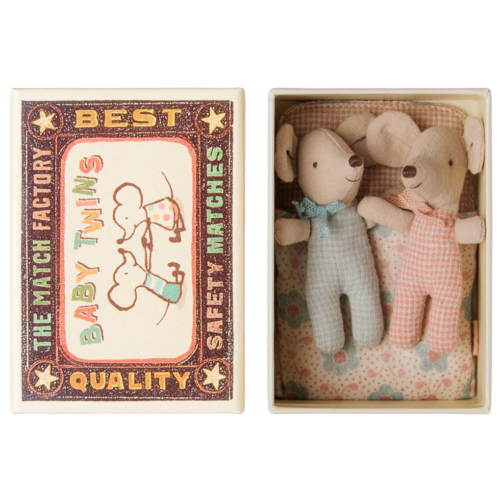 Maileg Toys Twins Baby Mice In Matchbox Checker