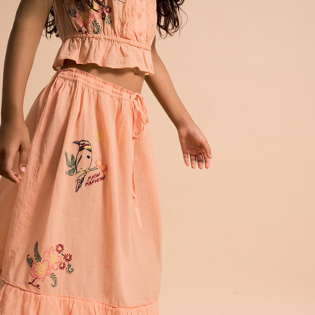 Maison Mangostan Child Birds Embroidered Ruffle Blouse Orange