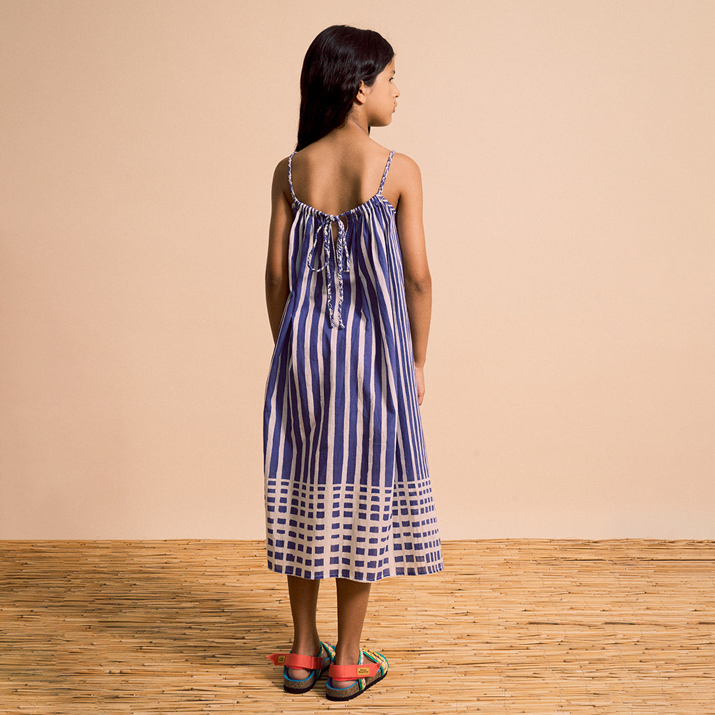 Maison Mangostan Child Bali Striped Dress Blue And White