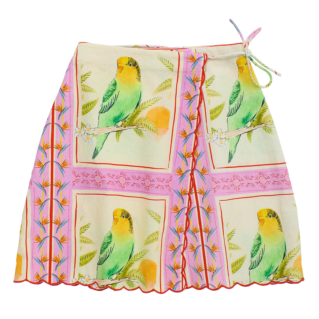 Maison Mangostan Child Birds Patchwork Skirt Pink