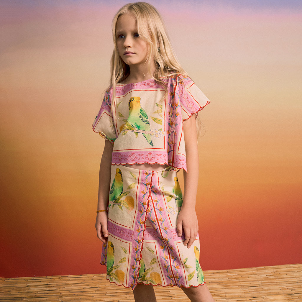 Maison Mangostan Child Birds Patchwork Skirt Pink