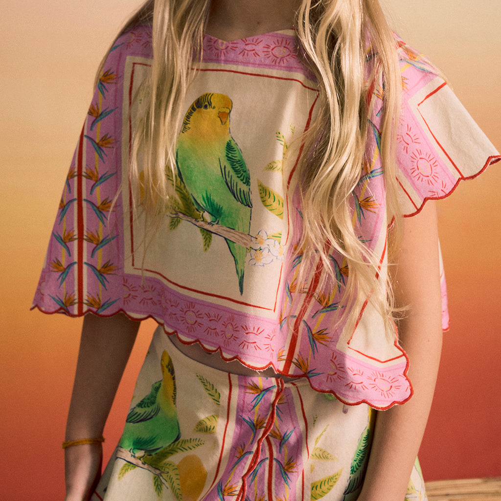 Maison Mangostan Child Birds Patchwork Skirt Pink