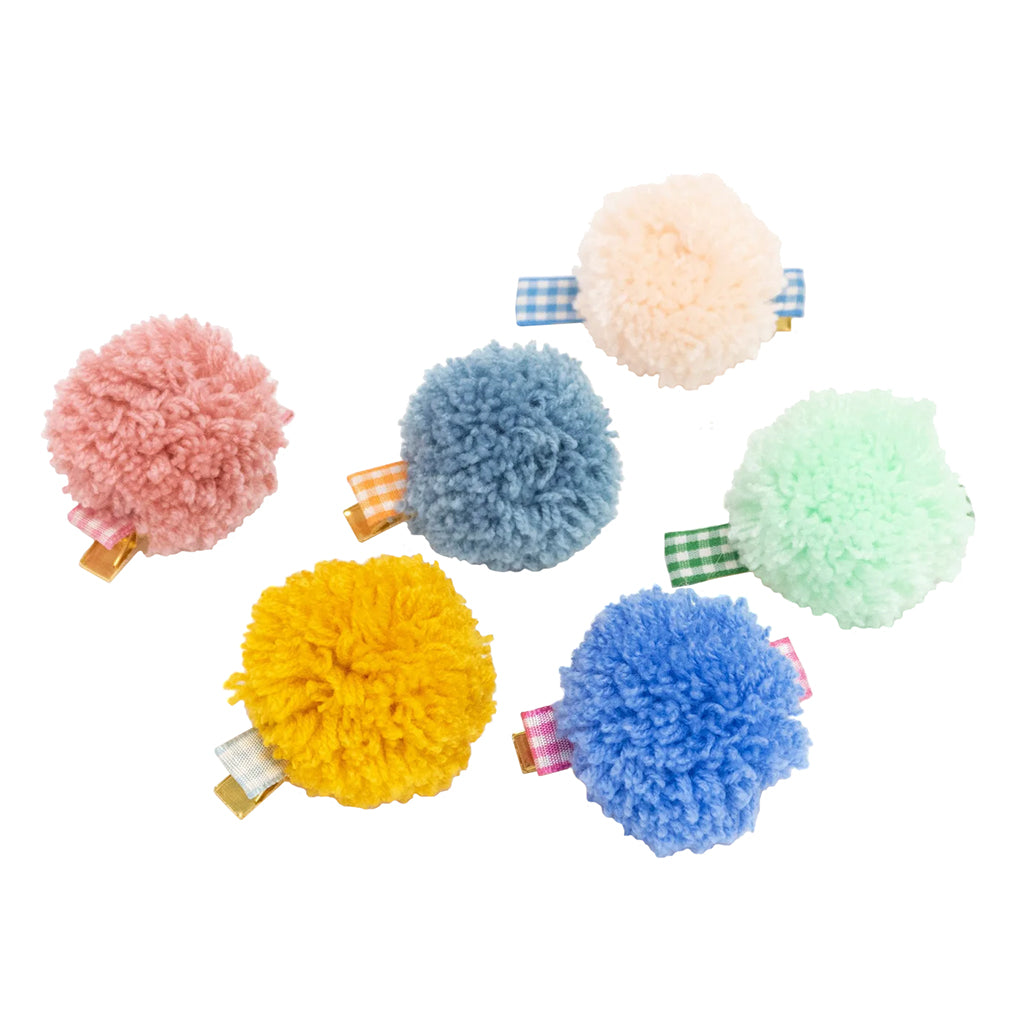 Meri Meri Set Of 6 Gingham And Big Pompom Hair Clips