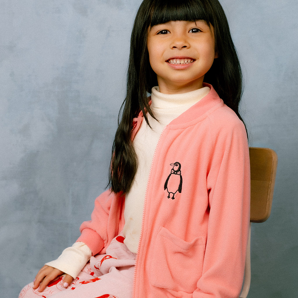 Mini Rodini Child Microfleece Jacket Penguin Embroidery Pink