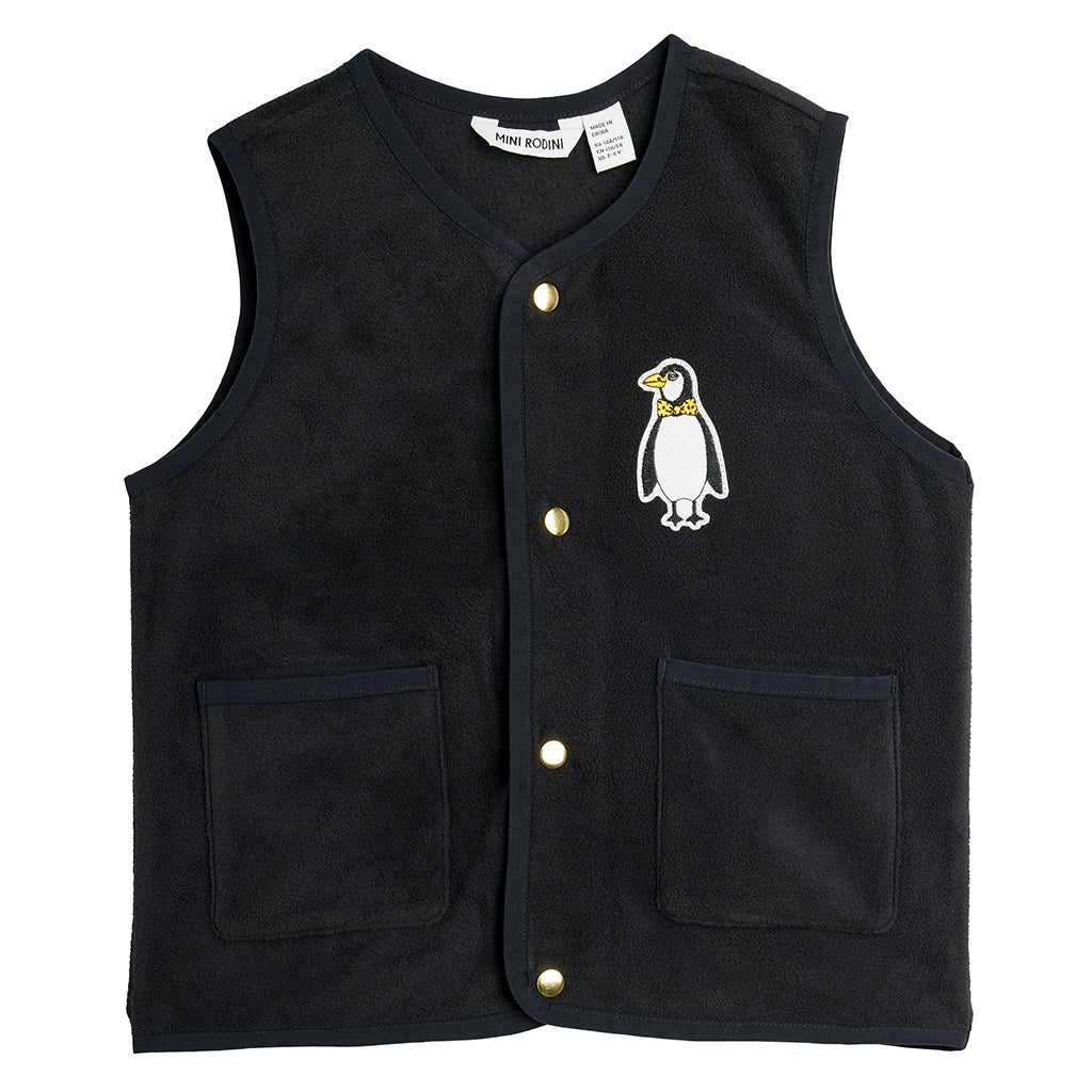 Mini Rodini Child Microfleece Vest Penguin Embroidery Black