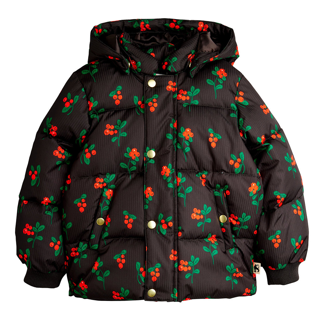 Mini Rodini Child Hooded Puffer Jacket Black Lingonberries Print