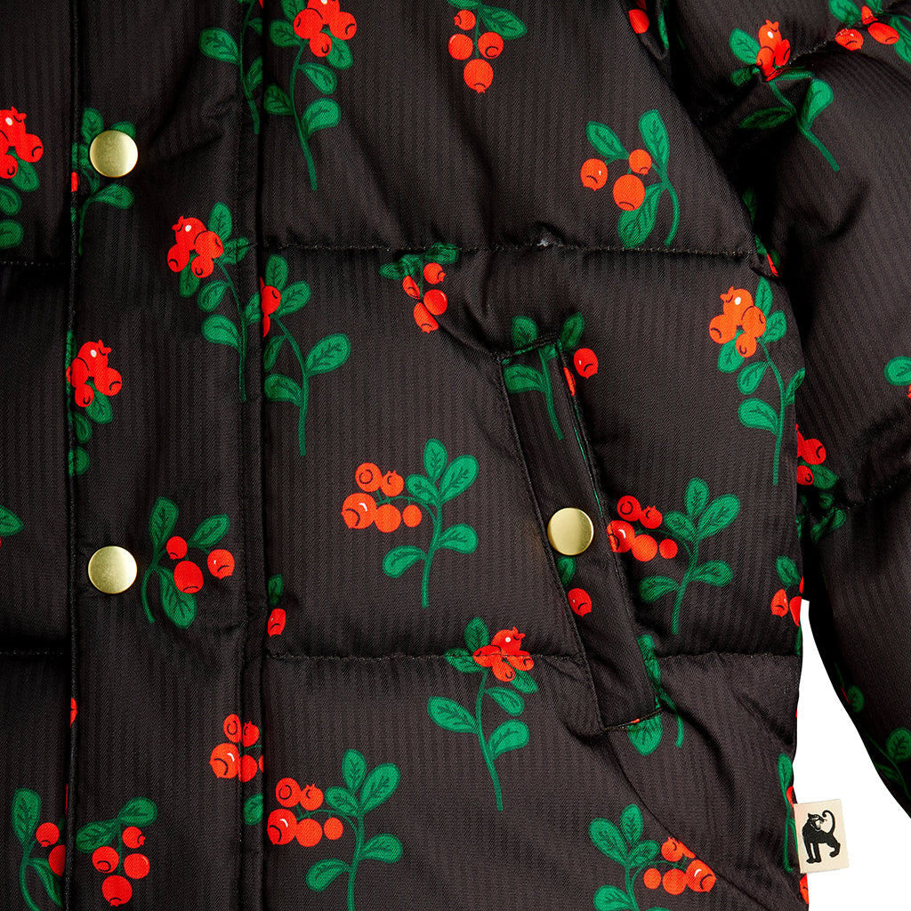 Mini Rodini Child Hooded Puffer Jacket Black Lingonberries Print