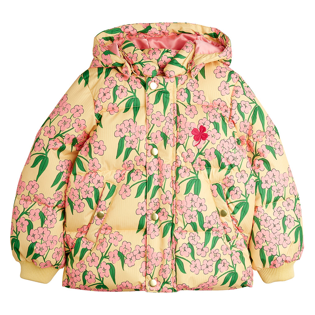 Mini Rodini Child Hooded Puffer Jacket Pink Alpine Flowers Print