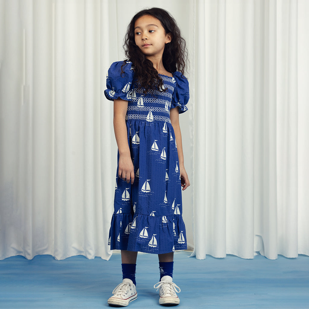 Mini Rodini Child Sailing Boats Smocked Dress Blue