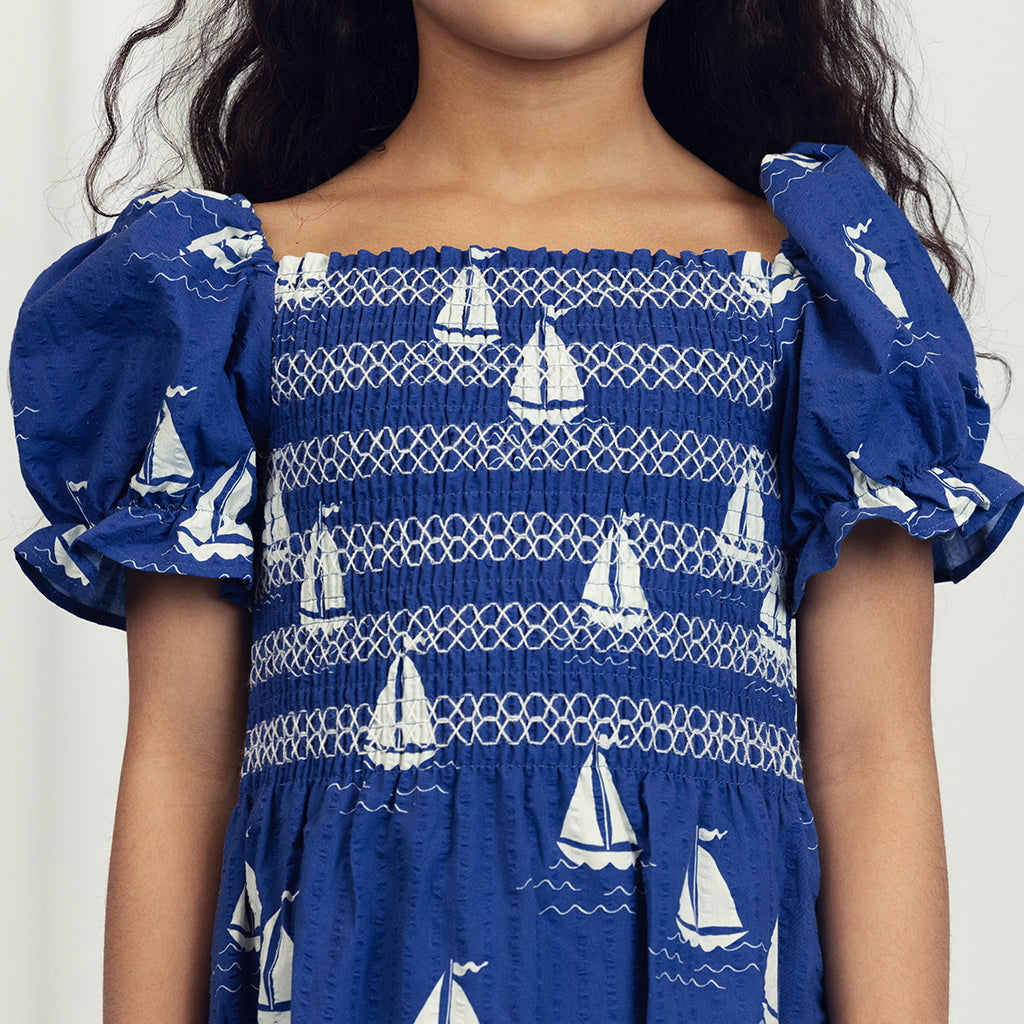 Mini Rodini Child Sailing Boats Smocked Dress Blue