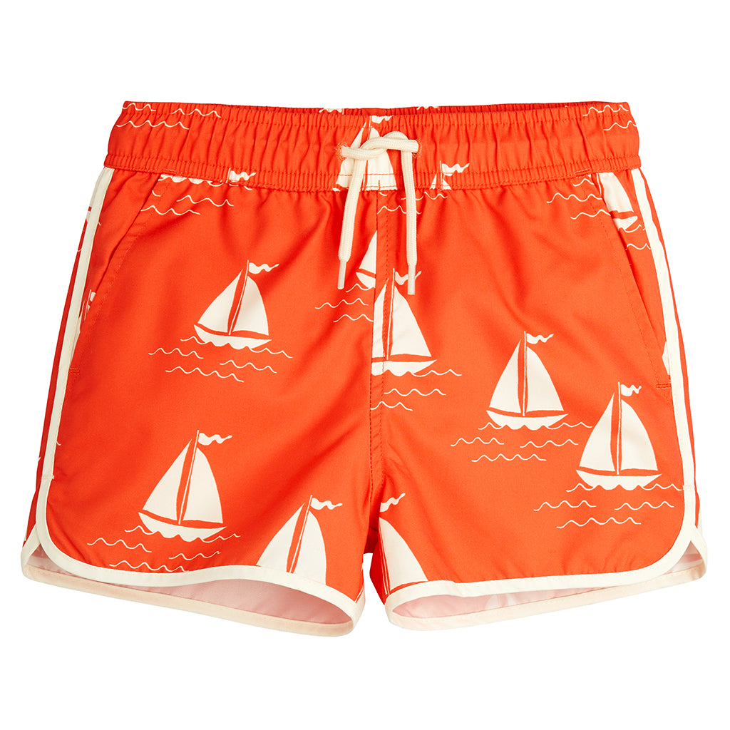 Mini Rodini Child Swim Shorts Sailing Boats Print Red