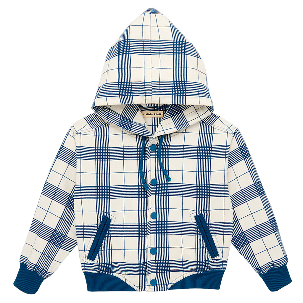 Misha &amp; Puff Child Hooded Varsity Jacket Prussian Blue Piazza Checks