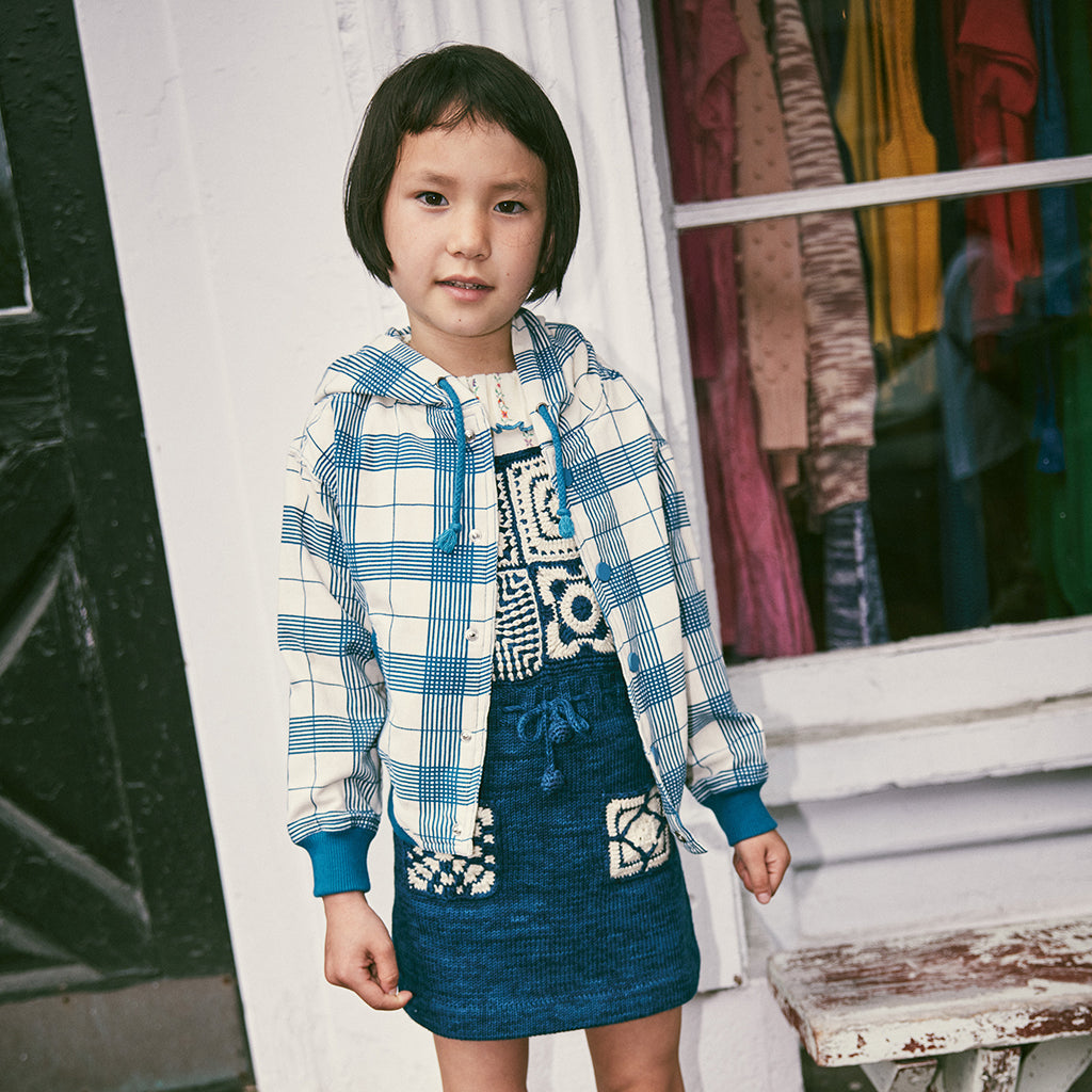 Misha & Puff Child Hooded Varsity Jacket Prussian Blue Piazza Checks