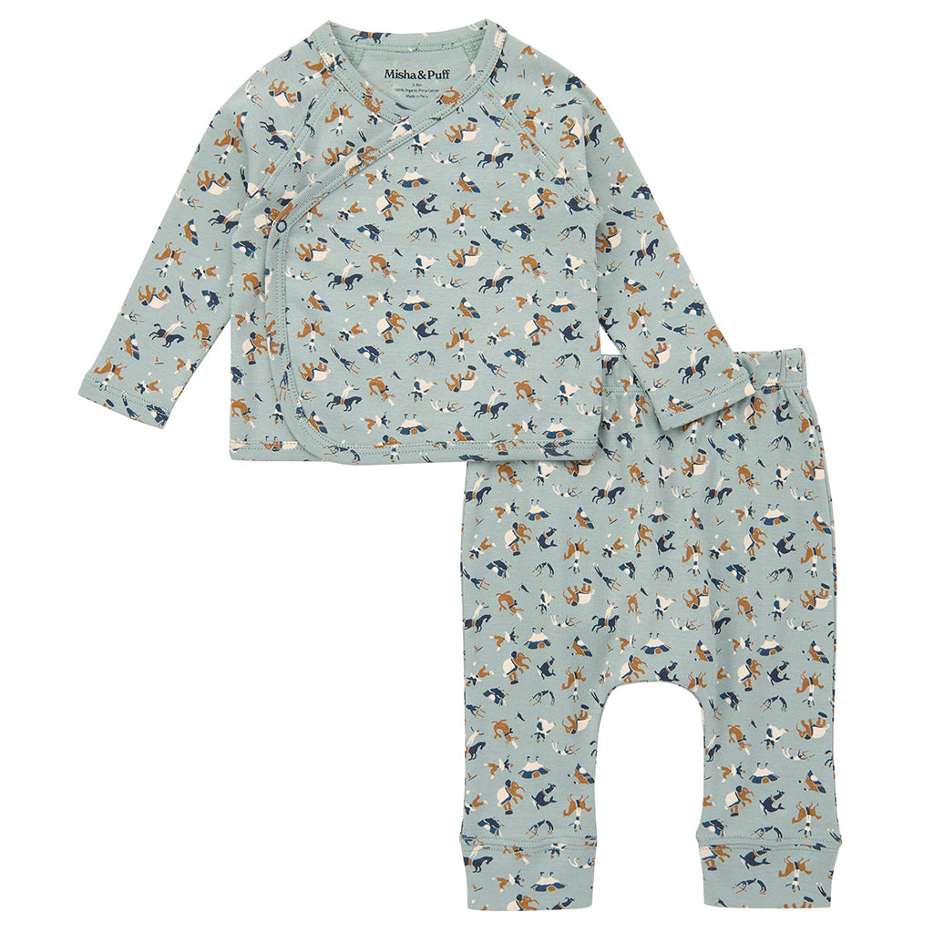 Misha &amp; Puff Baby Two Piece Wrap Set Onsen Blue Circus Print