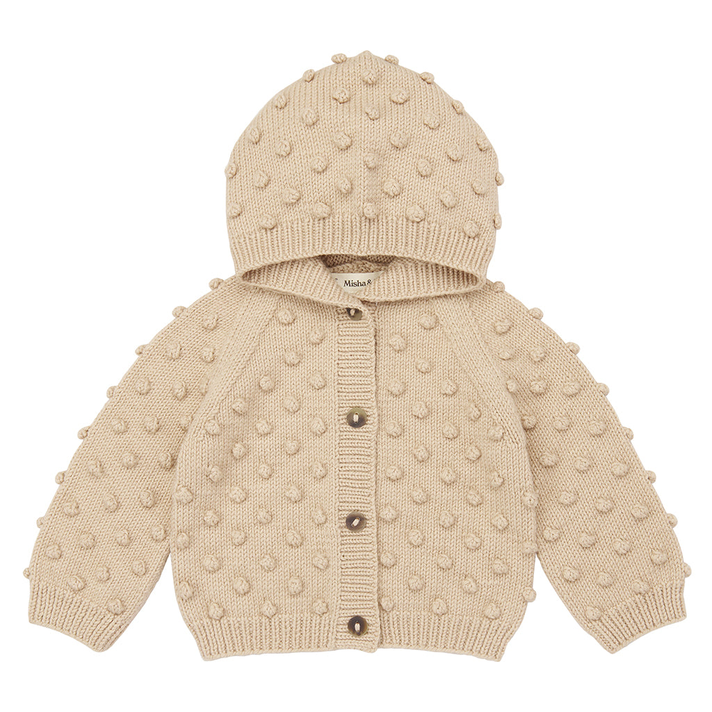 Misha & Puff Baby Hooded Popcorn Cardigan Patina Beige