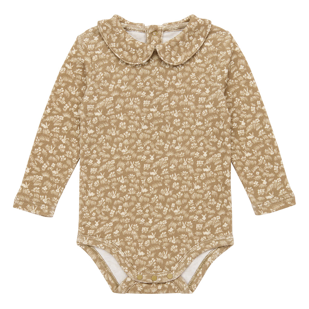 Misha & Puff Baby Petit Colllar Bodysuit Kelp Brown Bunny Meadow Print