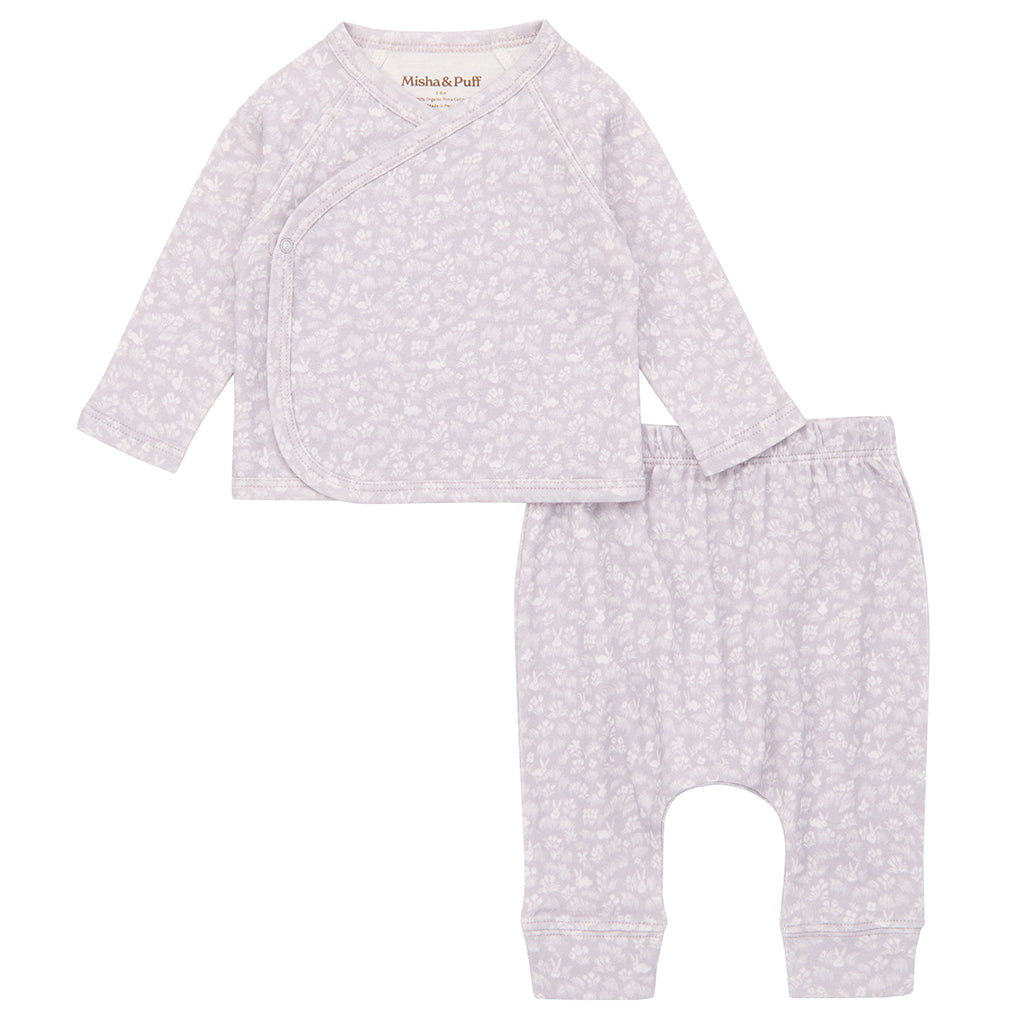 Misha &amp; Puff Baby Two Piece Wrap Set Mist Purple Bunny Meadow Print