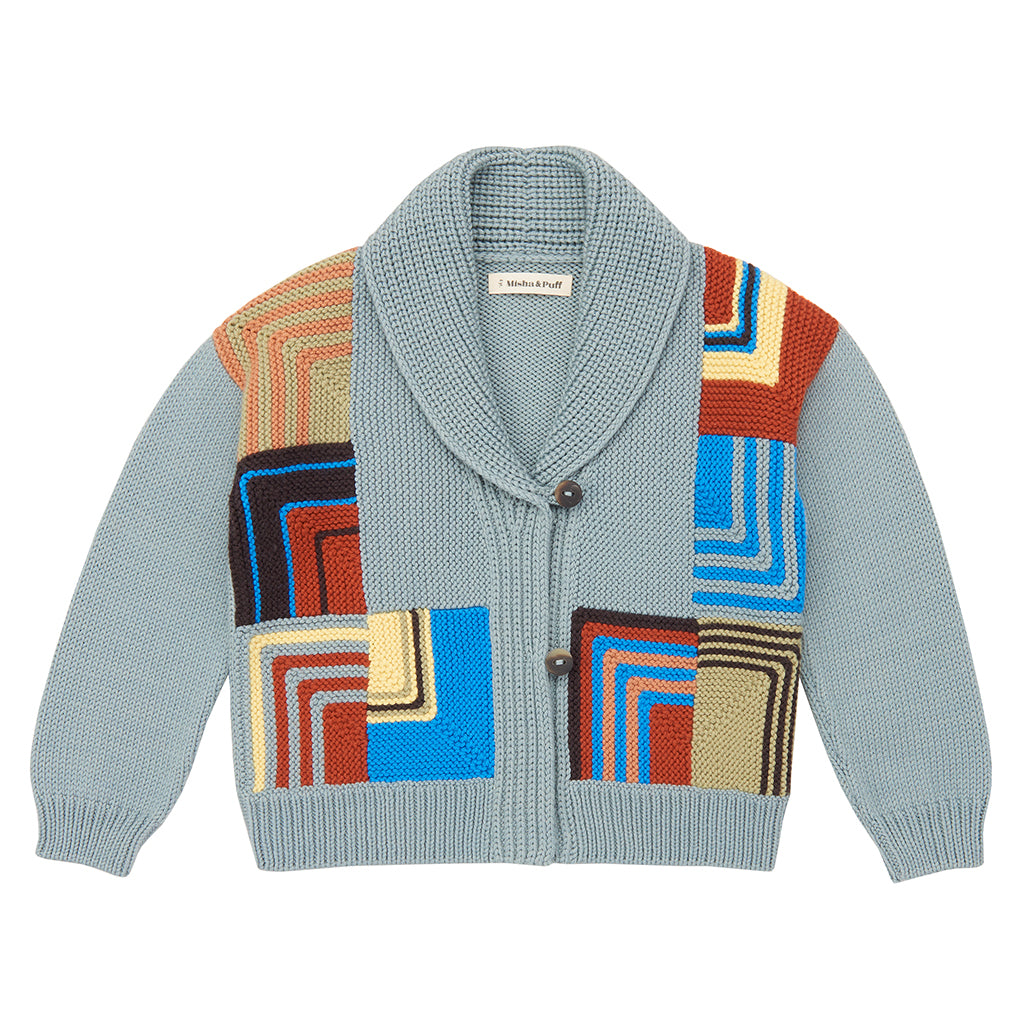 Misha & Puff Child Patchwork Shawl Collar Cardigan Overcast Blue
