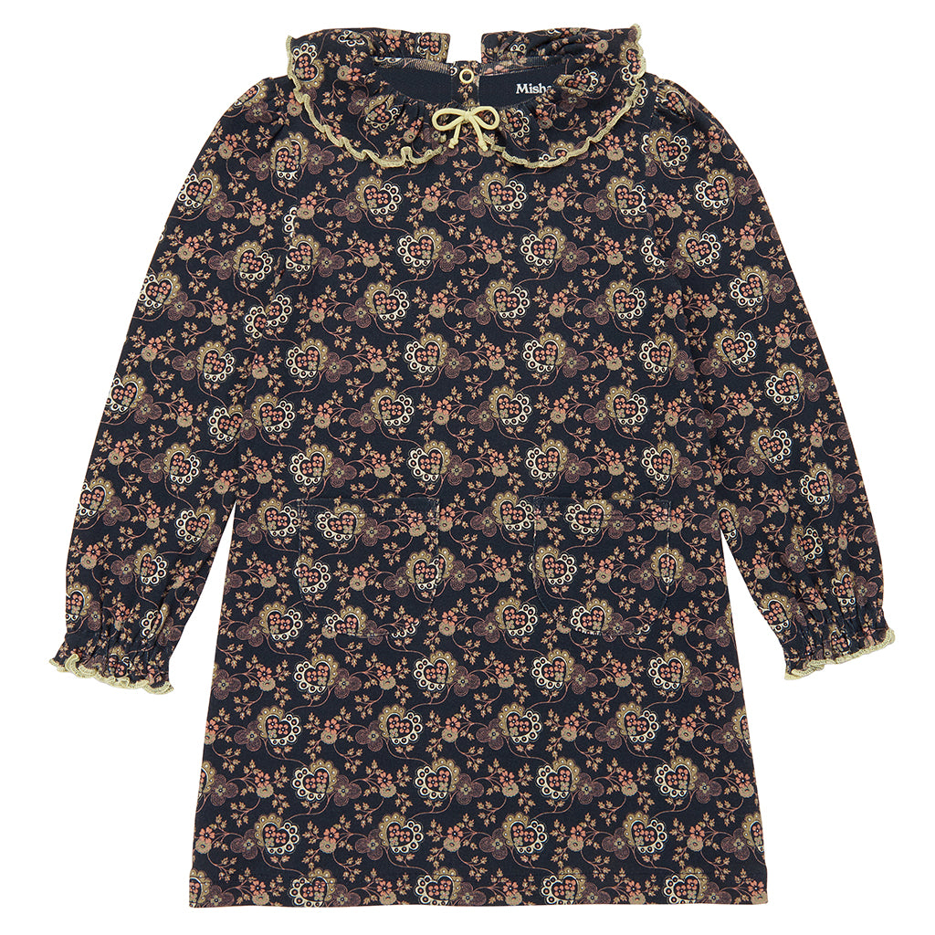 Misha & Puff Child Pattie Dress Galaxy Black Calico Hearts Print