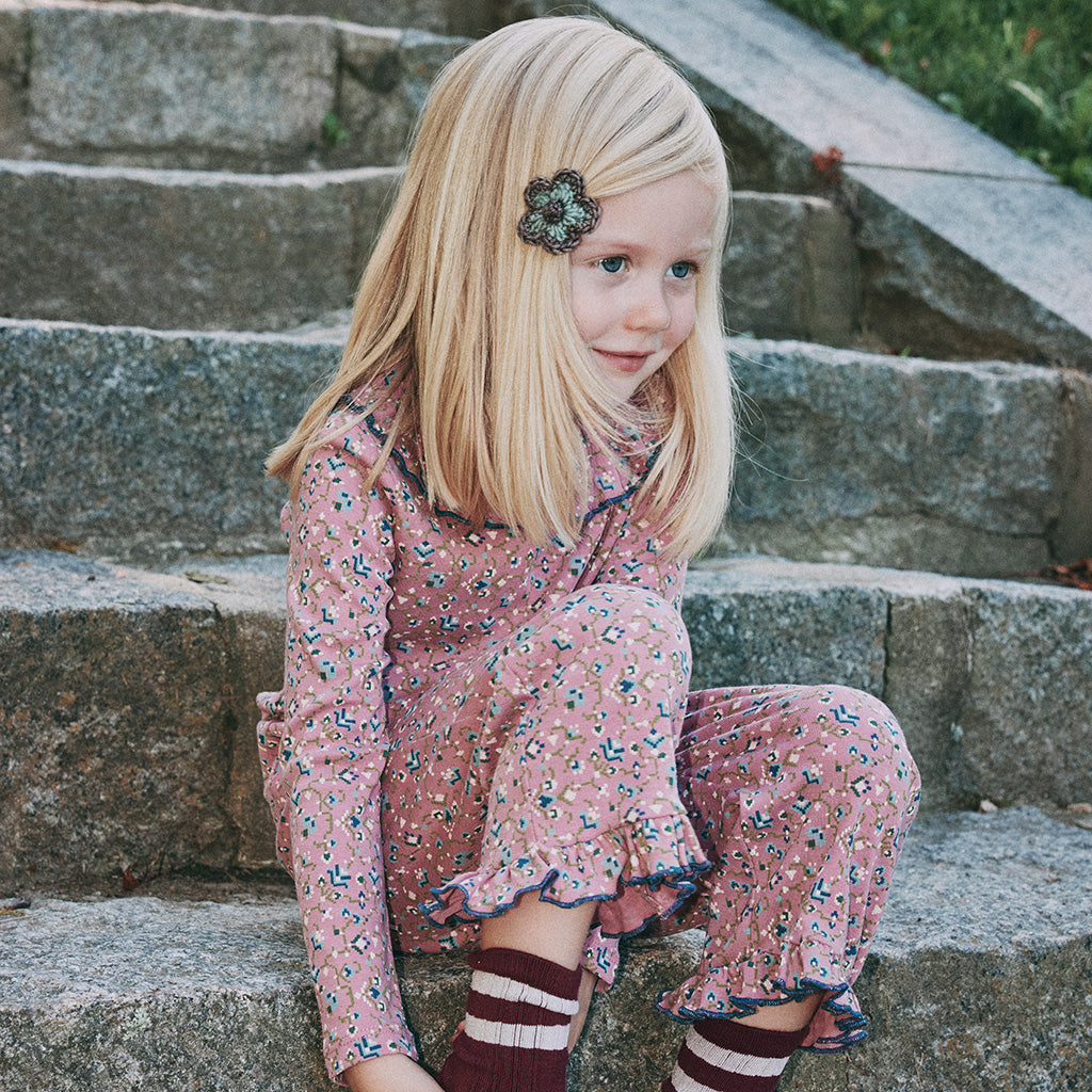 Misha & Puff Child Ruffle Pedal Pusher Pants Antique Rose Pink Millefleurs Floral Print