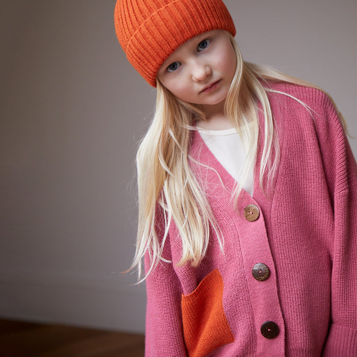 Oeuf Child Oversized Cardigan Rose Pink and Yam Orange