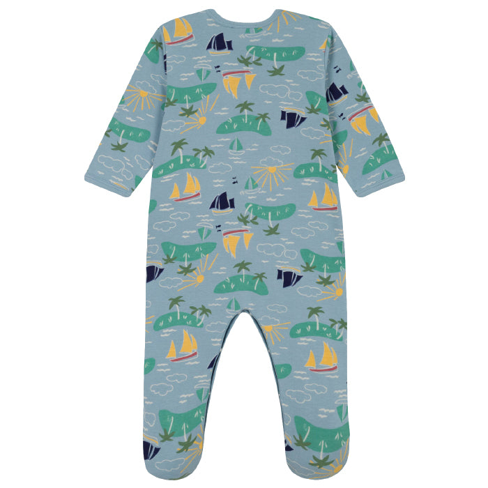 Petit Bateau Baby Pyjamas With Feet Blue With Boat And Island Print