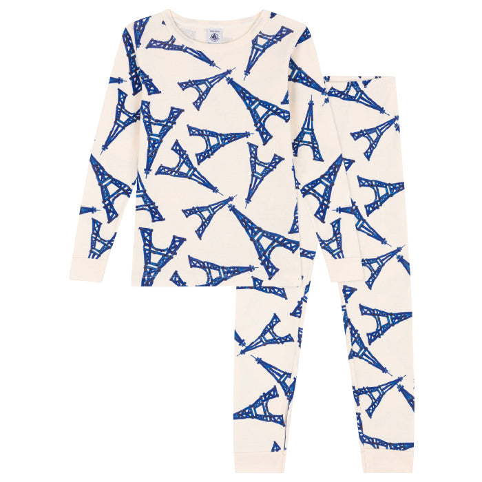 Petit Bateau Child Libro Pyjamas Cream With Blue Eiffel Tower Print
