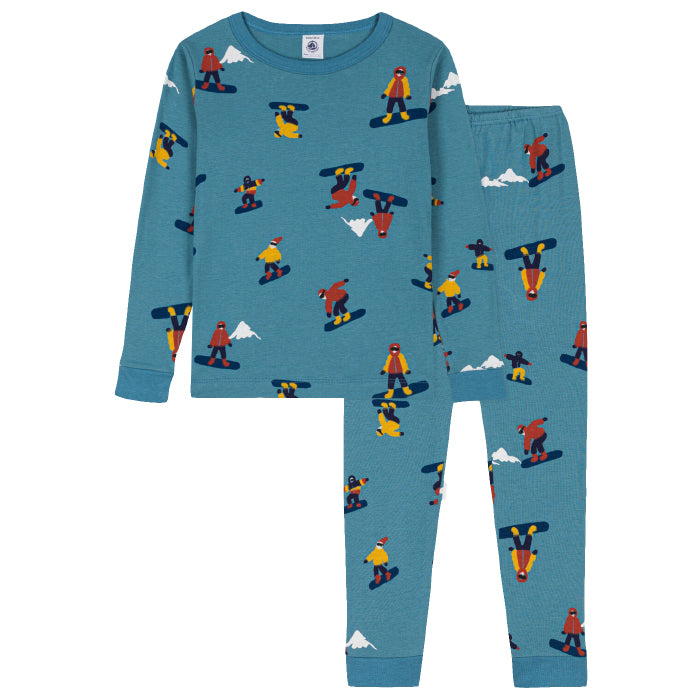 Petit Bateau Child Likely Pyjamas Duffle Blue With Snowboarding Print