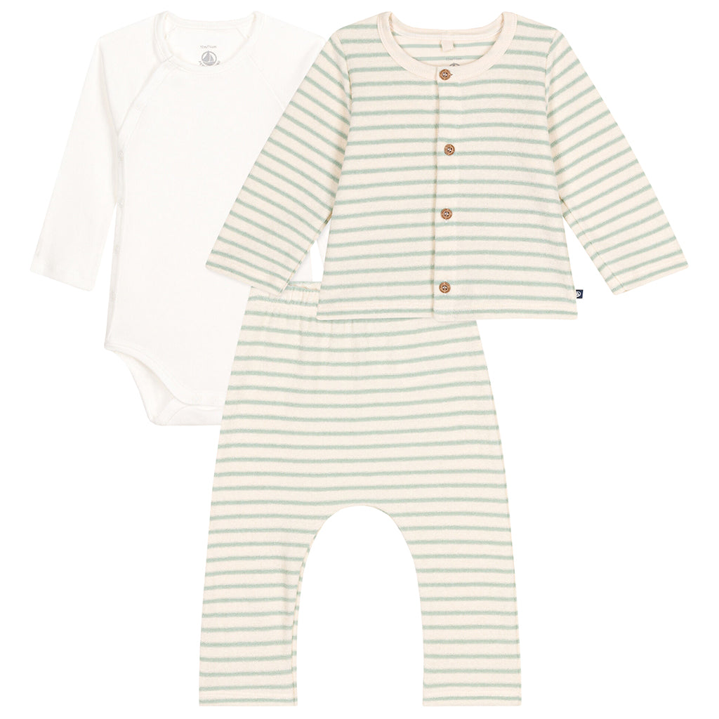 Petit Bateau Baby Terrycloth Three Piece Set Avalanche And Herb Green Stripes