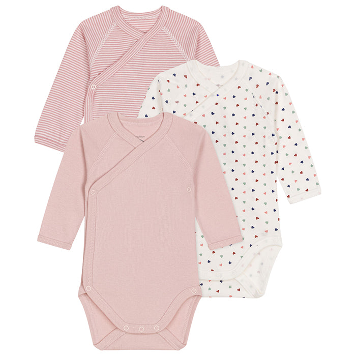 Petit Bateau Baby Set Of Three Bodysuits With Heart Print Pink