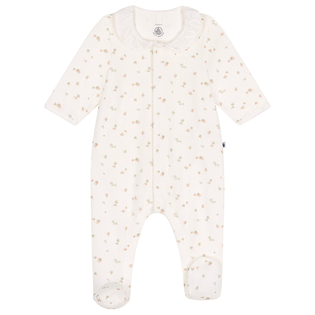 Petit Bateau Baby Velour Collared Pyjamas Marshmallow White Floral Print