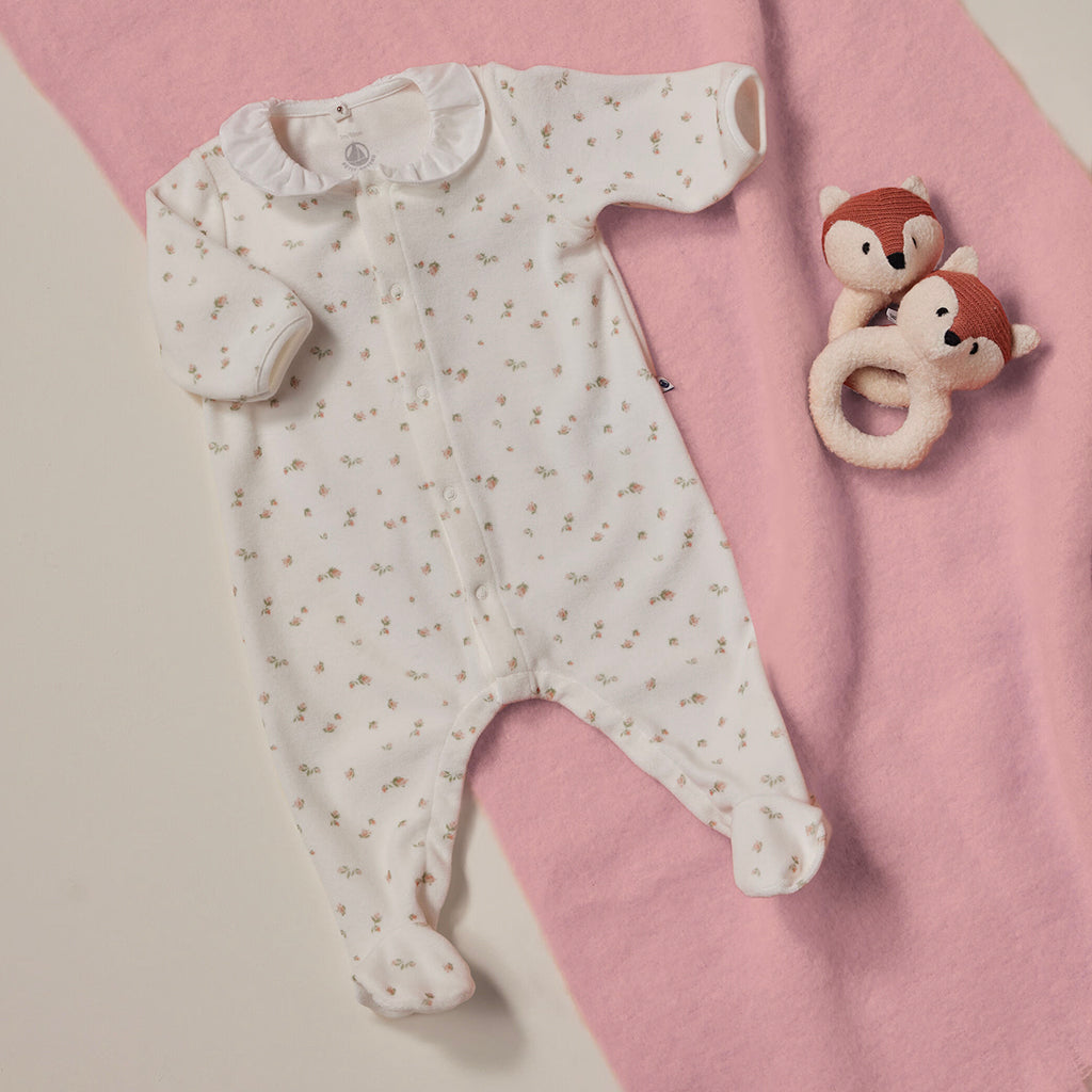 Petit Bateau Baby Velour Collared Pyjamas Marshmallow White Floral Print