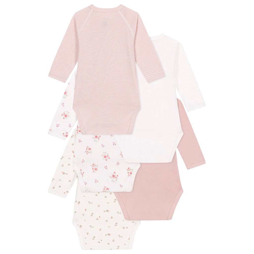 Petit Bateau Baby Set Of Five Bodysuits Floral Print Pink