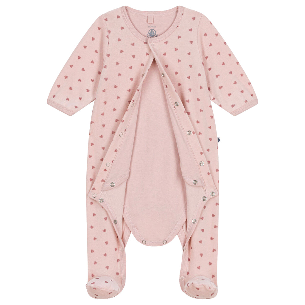 Petit Bateau Baby Velour Bodyjama Pyjamas Mini Hearts Saline Pink