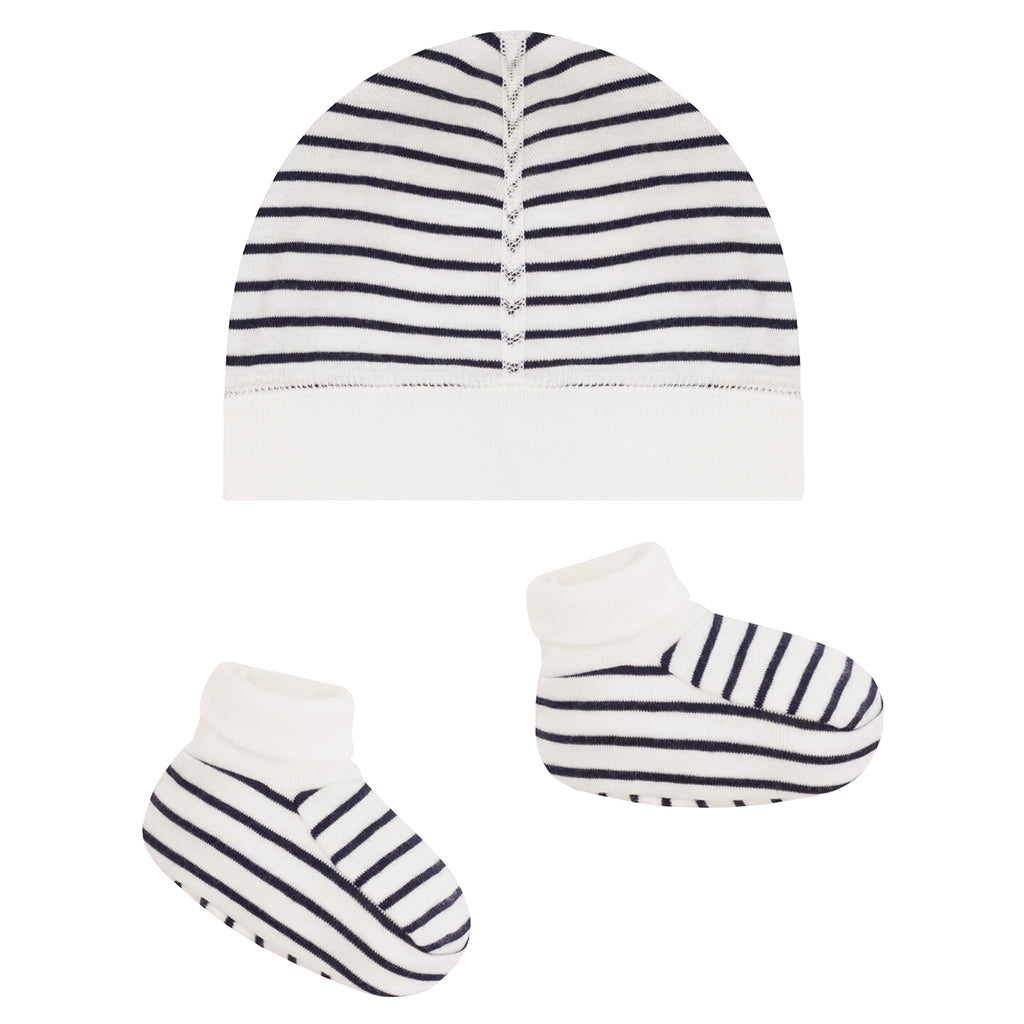 Petit Bateau Baby Hat And Booties Set White With Navy Blue Stripes