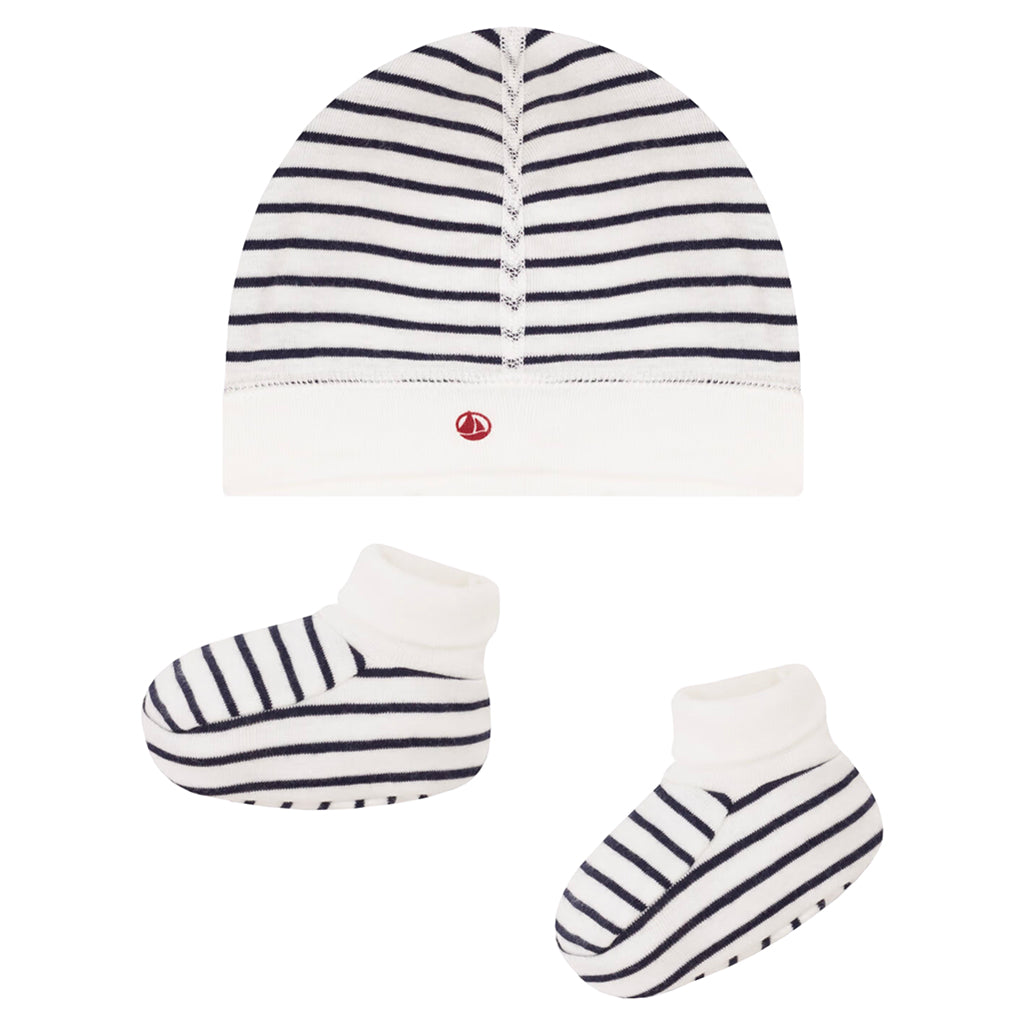 Petit Bateau Baby Hat And Booties Set White With Navy Blue Stripes