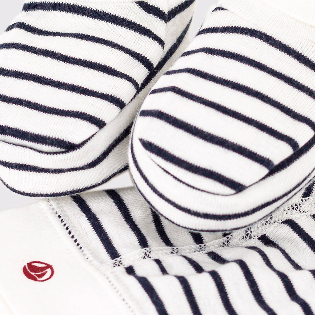 Petit Bateau Baby Hat And Booties Set White With Navy Blue Stripes