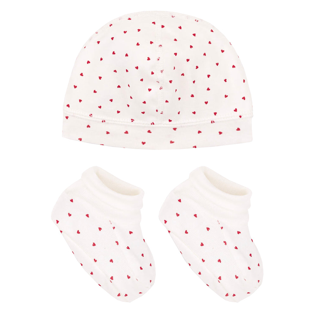 Petit Bateau Baby Hat And Booties Set White With Red Hearts