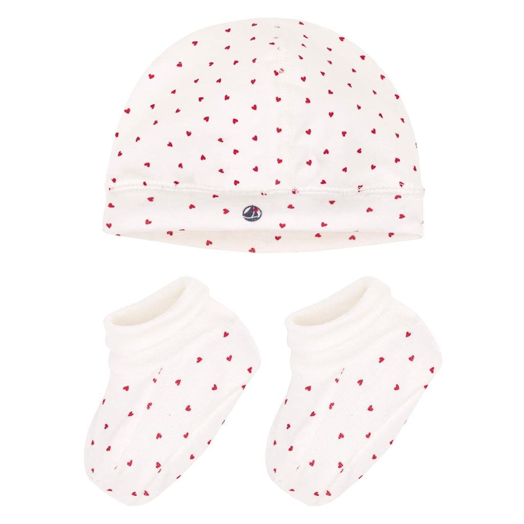 Petit Bateau Baby Hat And Booties Set White With Red Hearts