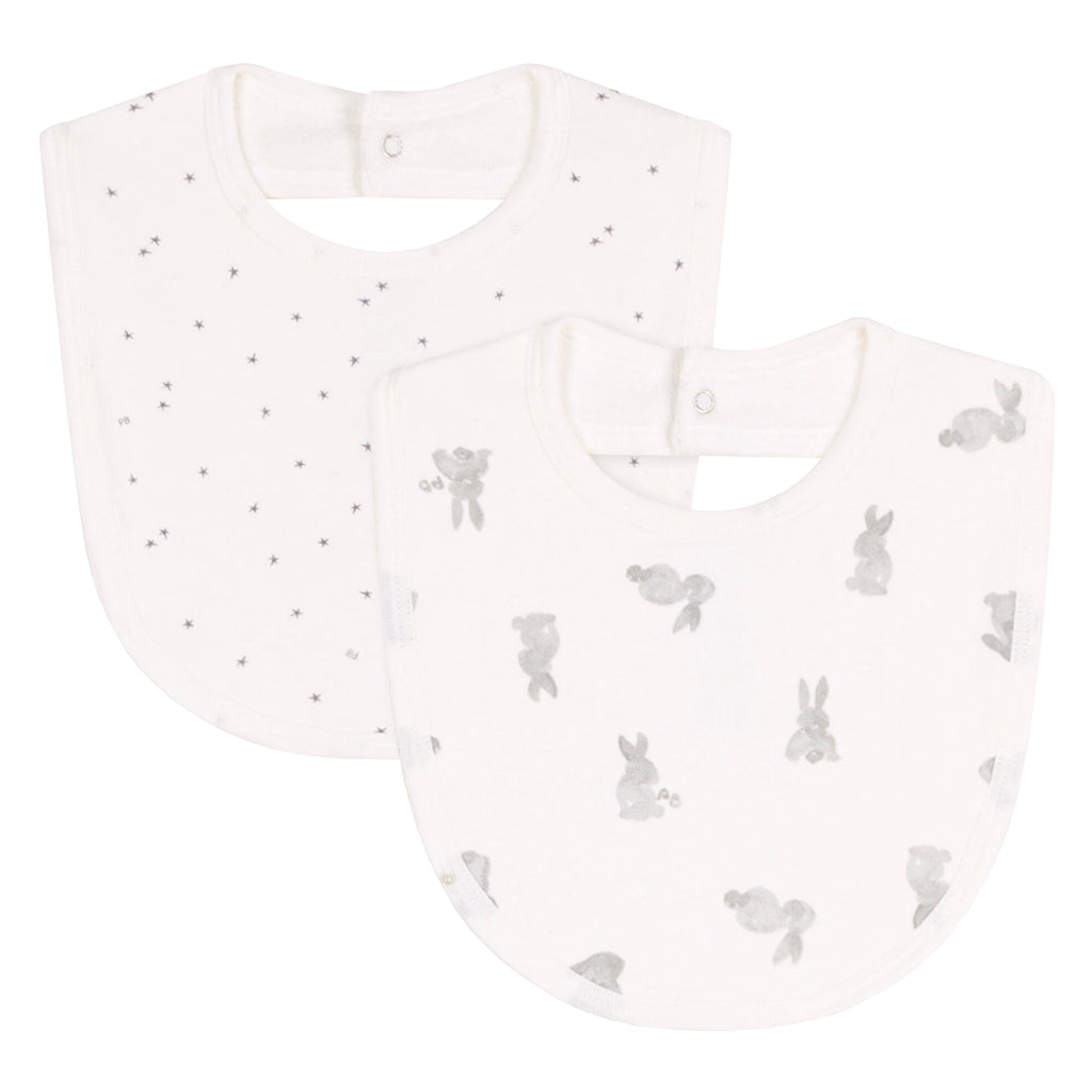 Petit Bateau Baby Set Of Two Bibs White With Grey Bunny