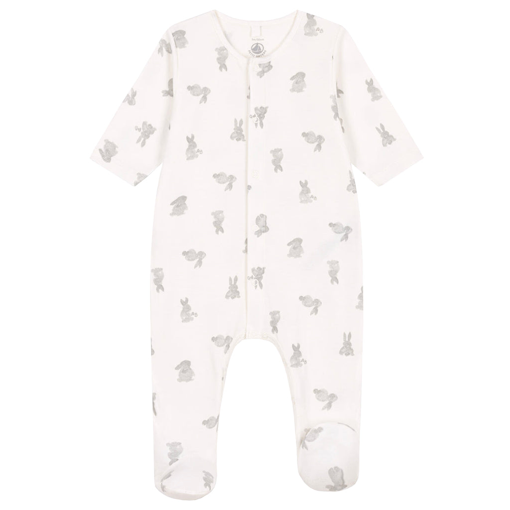 Petit Bateau Baby Footed Pyjamas Marshmallow White With Grey Bunny Print