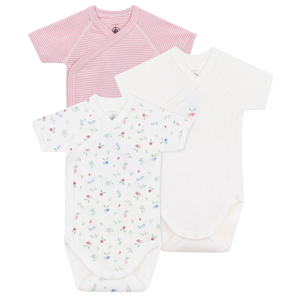 Petit Bateau Baby Set Of Three Wrap Bodysuits Pink Cherry Print