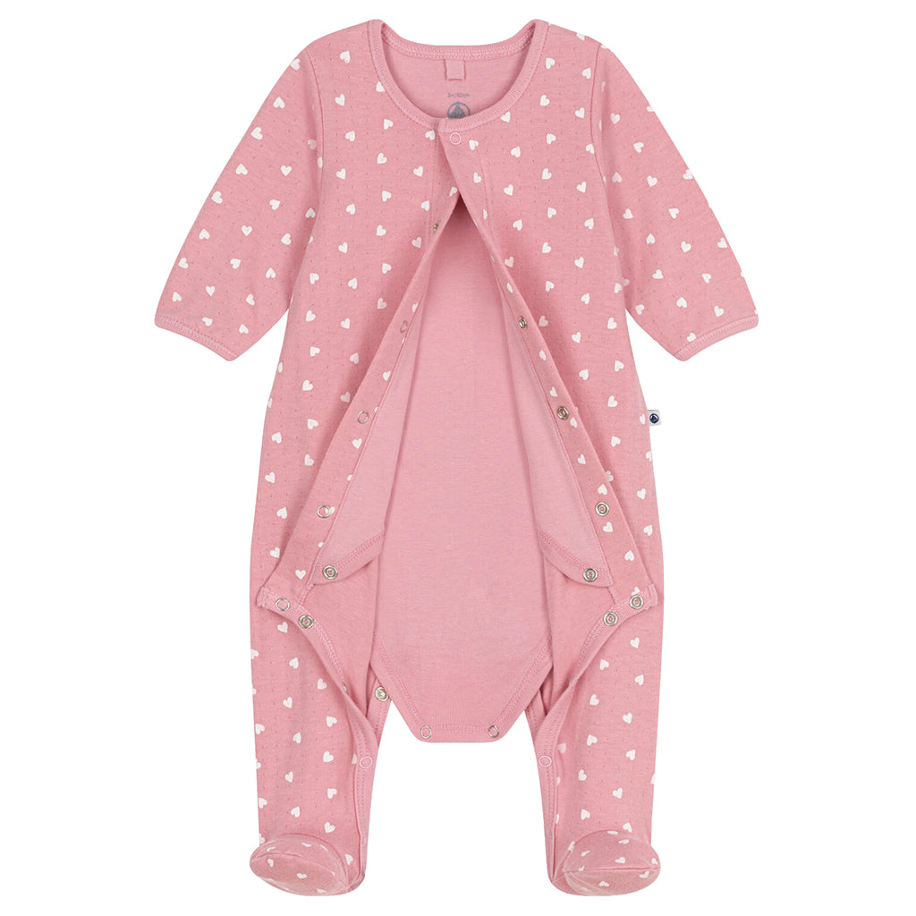 Petit Bateau Baby Bodyjama Pyjamas Charm Pink Heart Print