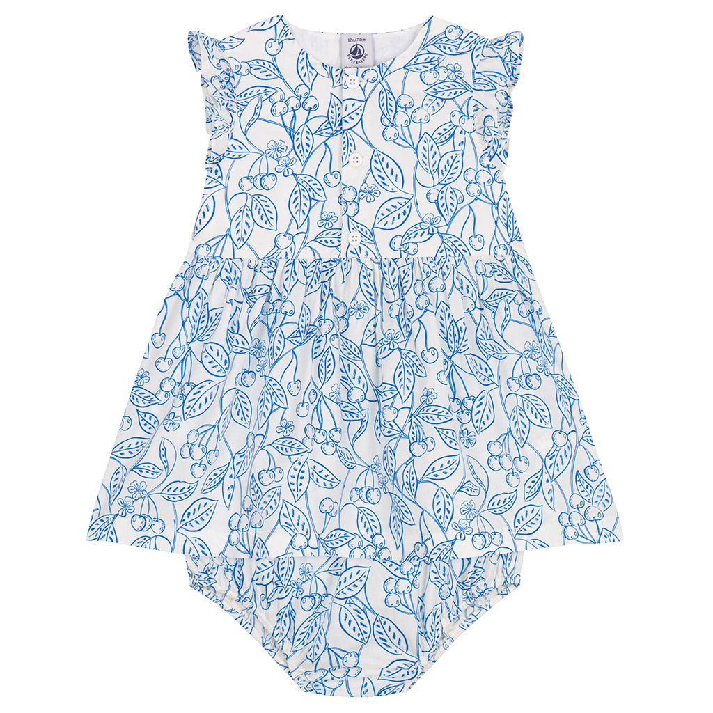 Petit Bateau Baby Dress With Bloomers Porcelain Blue Cherry Print