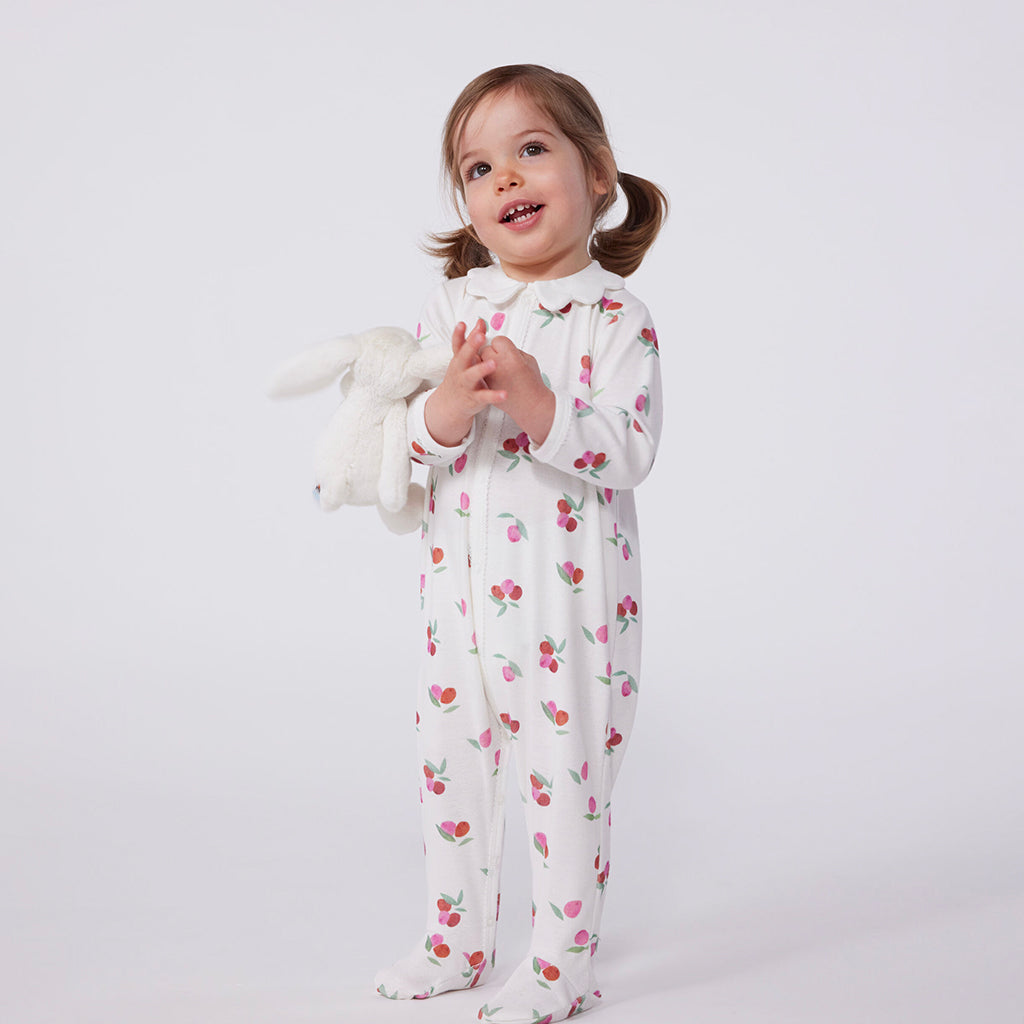 Petit Bateau Baby Petal Collared Pyjamas Marshmallow White Peony Pink Floral Print