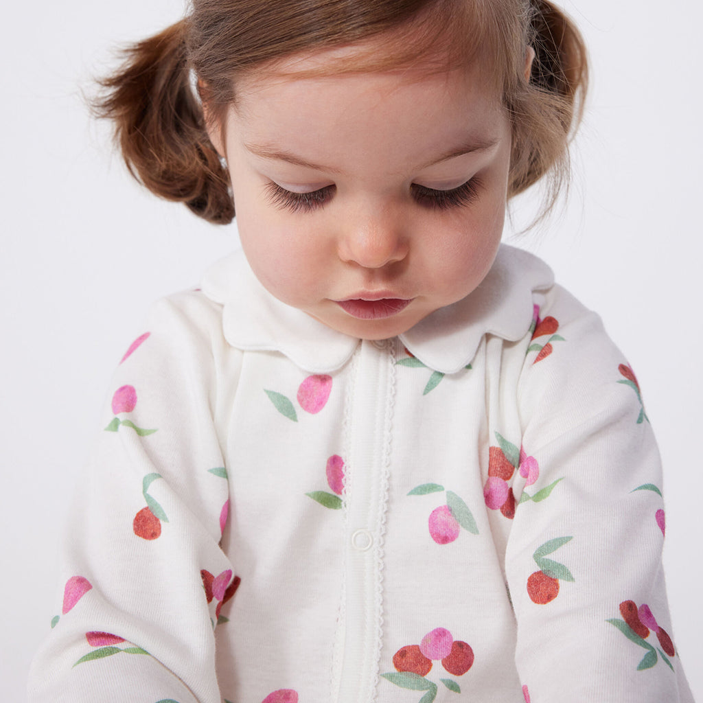 Petit Bateau Baby Petal Collared Pyjamas Marshmallow White Peony Pink Floral Print