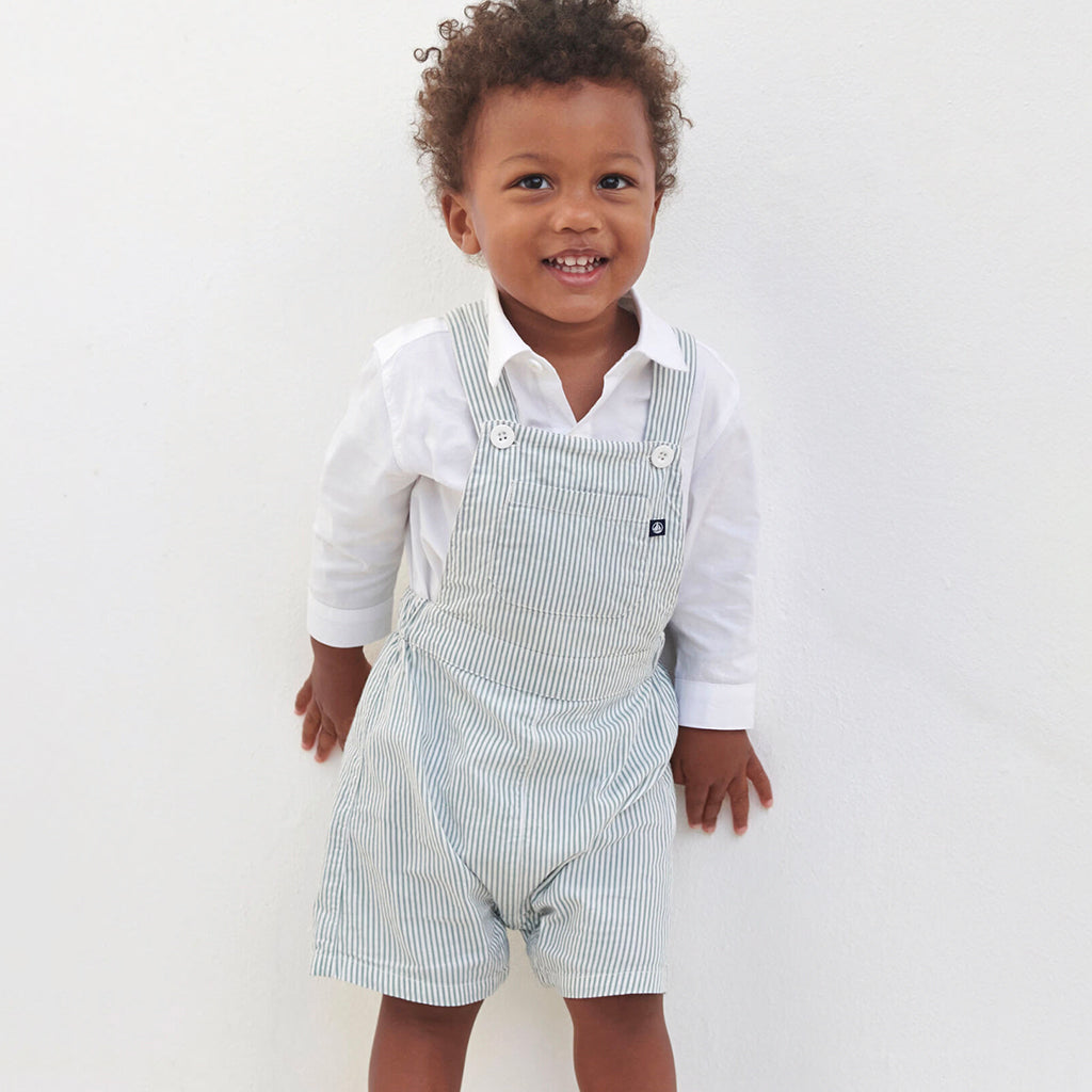 Petit Bateau Baby Short Overalls Raw Blue Stripes