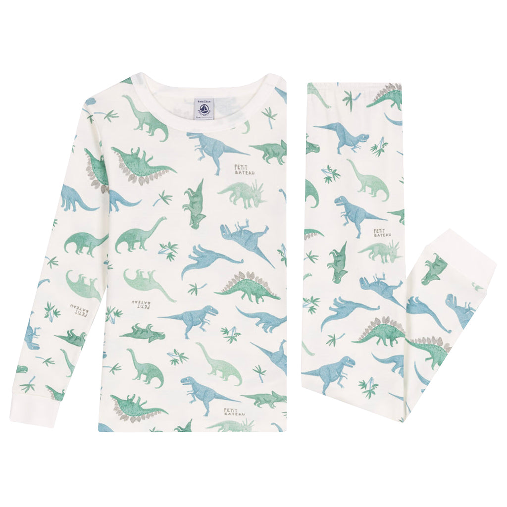 Petit Bateau Child Pyjamas Marshmallow White Dinosaur Print